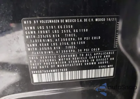 2022 Volkswagen Tiguan 2.0T Se from USA, damaged, VIN 3VV3B7AX4NM027638